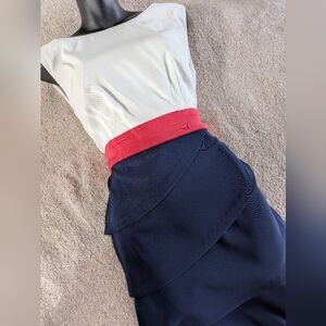 Connected Apparel Elegant White & Navy Dress with Salmon Accent Belt